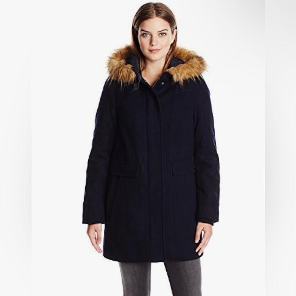 Tommy Hilfiger Women’s Wool Utility Coat Navy Blue Faux Fur Jacket Size Large